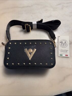 Valentino Orlandi Black Studded Crossbody with Gold V Emblem